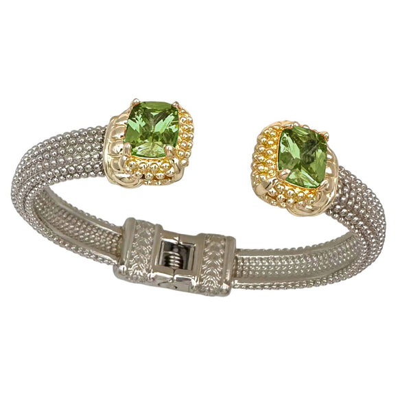 SILVER GOLD CUFF BANGLE OLIVE GREEN STONES ( 9919 BOL )