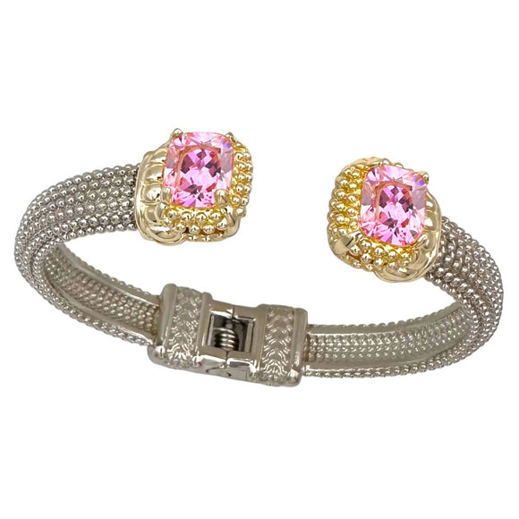 SILVER GOLD CUFF BANGLE PINK STONES ( 9919 BRO )