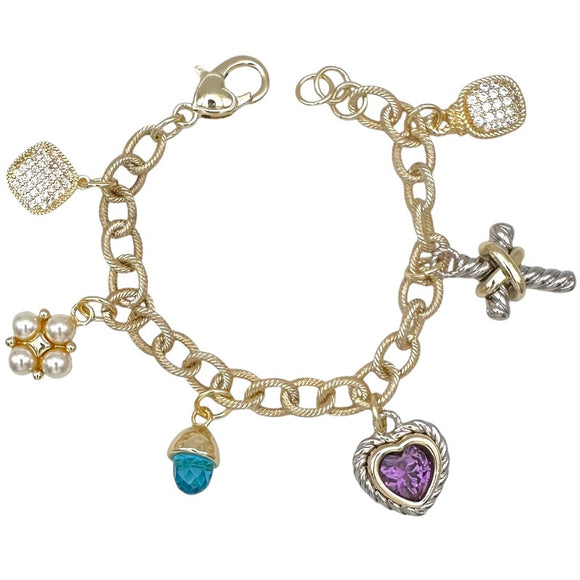 14K GOLD PLATED CHARM BRACELET MULTICOLOR CZ STONES ( 9960 BG )