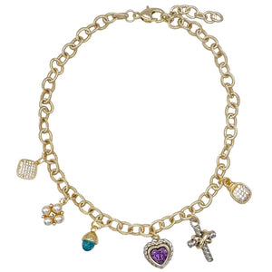 14K GOLD PLATED CHARM NECKLACE MULTICOLOR CZ STONES ( 9960 G )