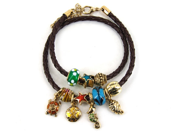 Brown Leather Gold Charm Bracelet ( 5097 AGB )