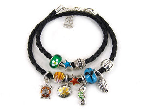 Black Leather Silver Charm Bracelet ( 5097 ASJ )