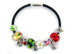 Black Leather Bracelet Garden Charms ( 5819 JMX )