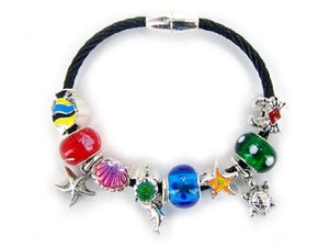 Black Leather Silver Sea Life Charm Bracelet ( 5820 JMX )