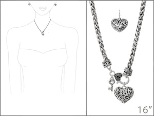 SILVER NECKLACE SET HEART KEY LOCK FILIGREE DESIGN ( 7379 AS )