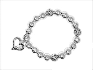 SILVER BALL STRETCH BRACELET HEART FILIGREE DESIGN ( 02476 AS )