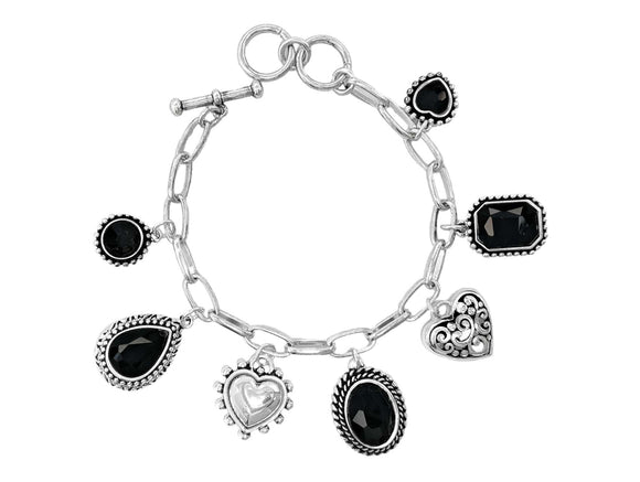 SILVER BLACK CHARM BRACELET FILIGREE HEART ( 03231 ASBK )