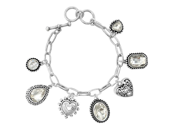 SILVER CLEAR CHARM BRACELET FILIGREE HEART ( 03231 ASCR )