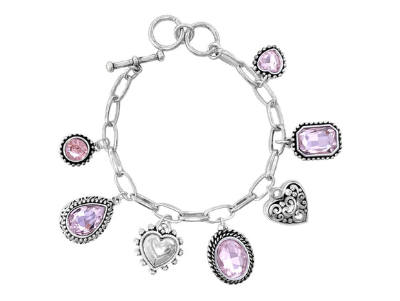 SILVER PINK CHARM BRACELET FILIGREE HEART ( 03231 ASPK )