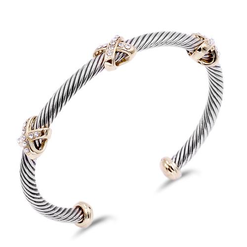 SILVER GOLD TWISTED CUFF BANGLE CLEAR STONES ( 7067 2T )