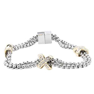 TWO TONE DOUBLE CHAIN BRACELET CLEAR STONES ( 7091 2T )