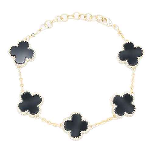 14K GOLD PLATED BRACELET BLACK QUATREFOIL ( 8106 GDBK )