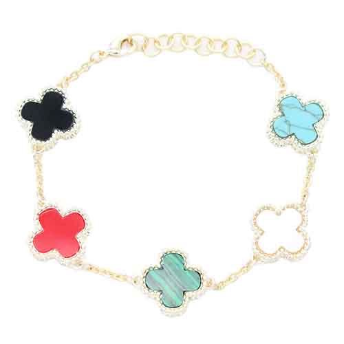 GOLD STAINLESS STEEL BRACELET MULTI COLOR QUATREFOIL ( 739 )