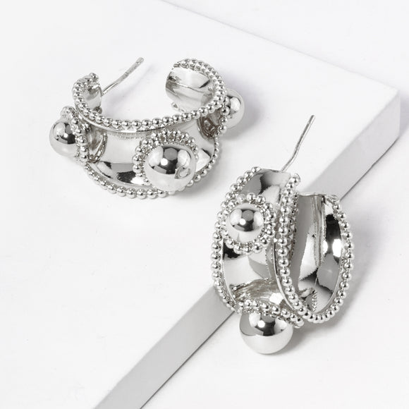 WHITE GOLD DIPPED HOOP EARRINGS BALLS ( 370 R )