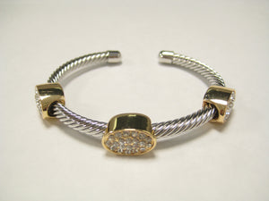 SILVER GOLD CUFF BANGLE CLEAR STONES ( 897 TT )