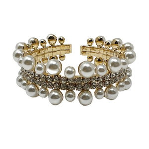 GOLD STRETCH BRACELET CLEAR STONES CREAM PEARLS ( 2668 GCR )