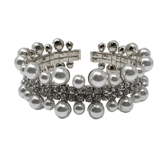 SILVER STRETCH BRACELET CLEAR STONES WHITE PEARLS ( 2668 SWH )