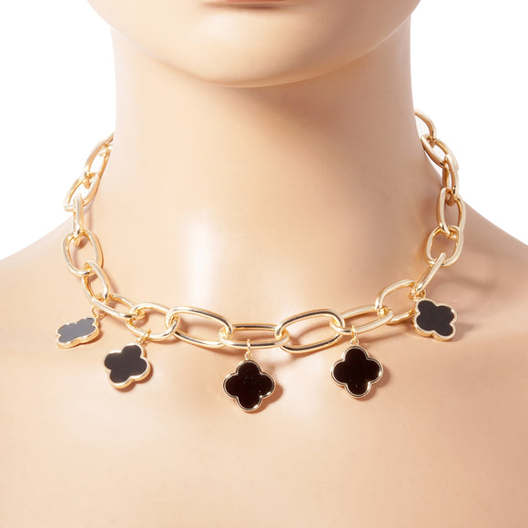 GOLD DIPPED NECKLACE BLACK QUATREFOIL ( 264 GBK )