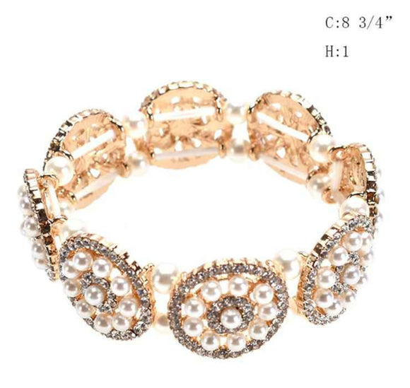 GOLD STRETCH BRACELET CLEAR STONES WHITE PEARLS ( 128 GCR )