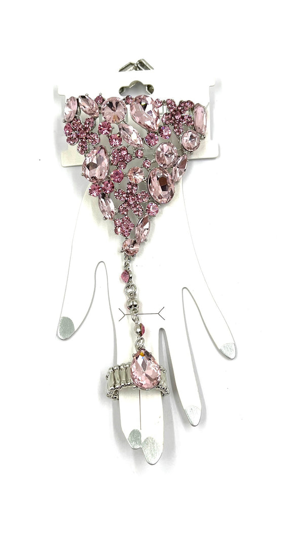 SILVER STRETCH BRACELET STRETCH RING COMBO PINK STONES ( 0167 3P )
