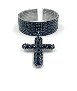 BLACK CUFF BANGLE CROSS BLACK STONES ( 0275 16J )