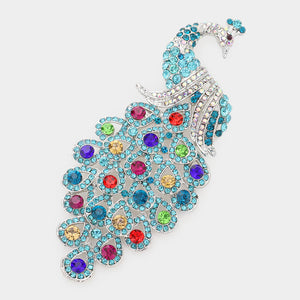 Blue Zircon Multi Color Rhinestone Large Peacock Brooch ( 0660 MUBZ )