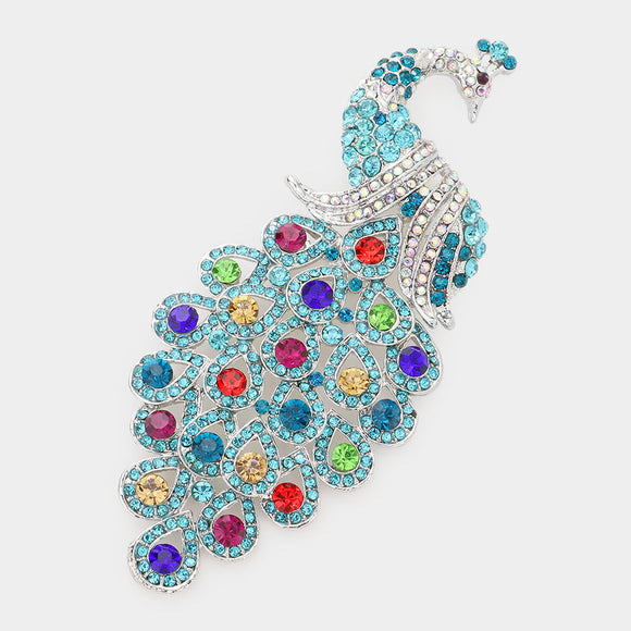 Blue Zircon Multi Color Rhinestone Large Peacock Brooch ( 0660 MUBZ )