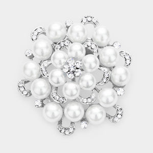 SILVER WHITE PEARL STONE BROOCH ( 06695 )