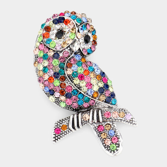 SILVER OWL BROOCH MULTICOLOR STONES ( 06734 )