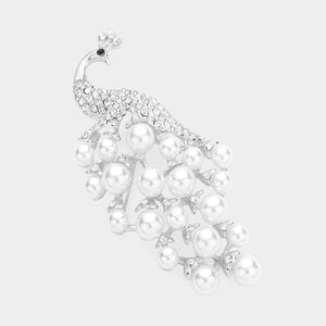 SILVER PEACOCK BROOCH CLEAR STONES WHITE PEARLS ( 06742 S )