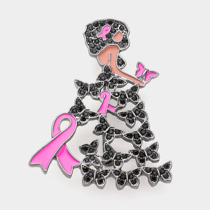 HEMATITE WOMAN BROOCH PINK RIBBON BLACK STONES ( 1019 HEPK )