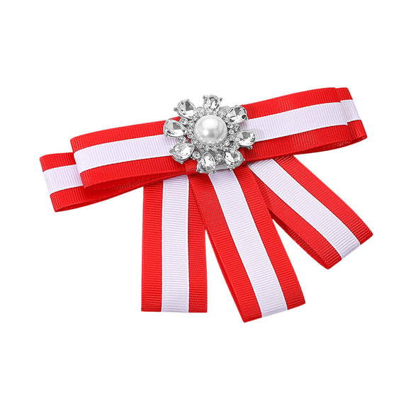 LARGE RED WHITE RIBBON BROOCH ( 1077 RD )