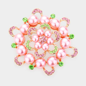3" GOLD PINK GREEN PEARLS STONES BROOCH ( 1328 PNG )