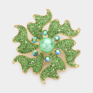 3.25" Gold Green Rhinestone GREEN Pearl Flower Brooch ( 1331 PERI )