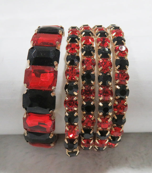 GOLD STRETCH BRACELETS RED BLACK STONES ( 629 GDRDBK )