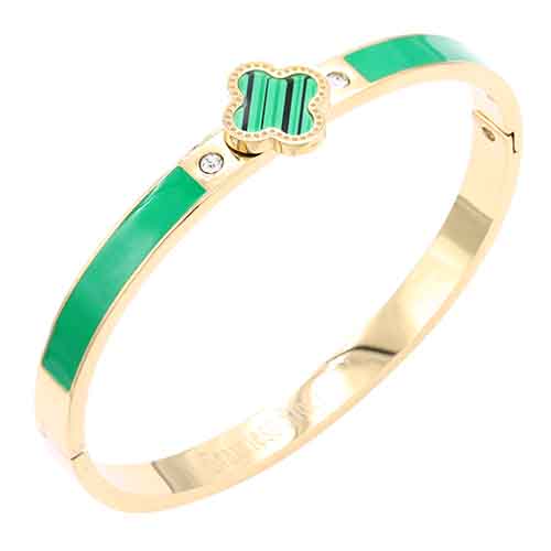 GOLD STAINLESS STEEL BANGLE GREEN QUATREFOIL ( 4336 GDGR )