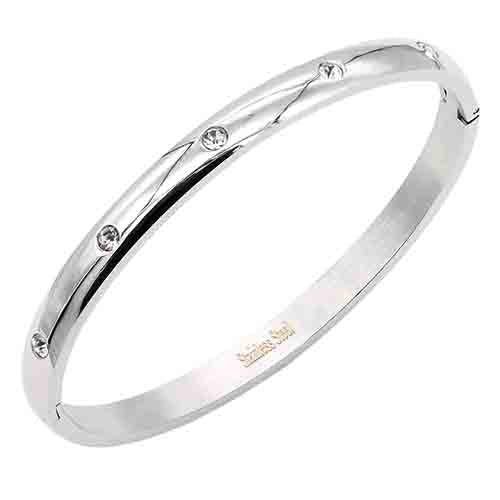 SILVER STAINLESS STEEL BANGLE CLEAR STONES ( 606 SV )