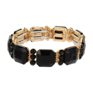 GOLD BLACK Glass Square Stones Stretch Bracelet ( 3259 GJT )