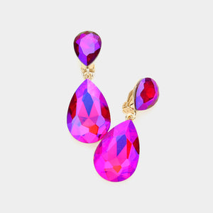 2" GOLD FUCHSIA AB Double Glass Earrings ( 1420 FUX )