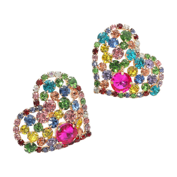 GOLD HEART CLIP ON EARRINGS MULTICOLOR STONES ( 2706 MT )