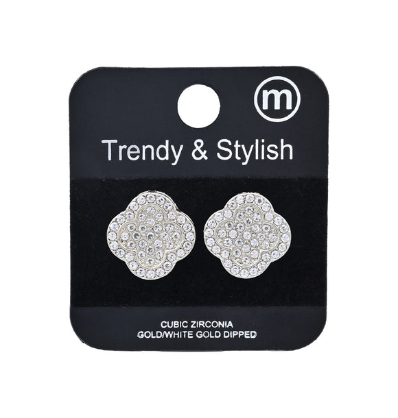 WHITE GOLD DIPPED QUATREFOIL EARRINGS CZ STONES ( 5385 RH )