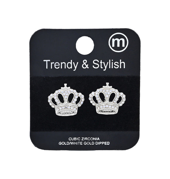 WHITE GOLD DIPPED BRASS CROWN EARRINGS ( 5387 RH )
