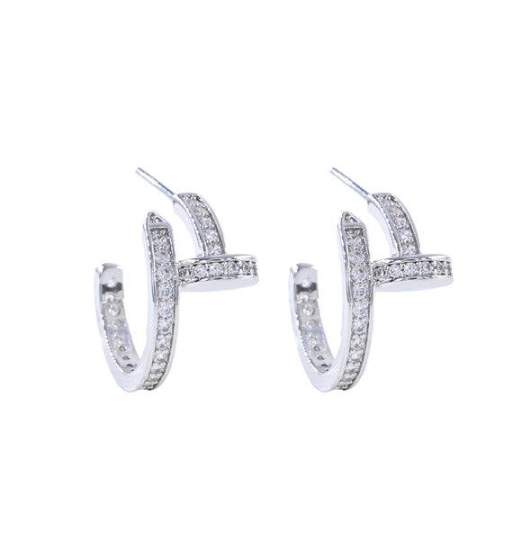 WHITE GOLD DIPPED HOOP EARRINGS CLEAR CZ STONES ( 5427 RH )