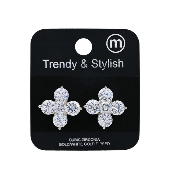 WHITE GOLD DIPPED BRASS CZ POST EARRINGS ( 5468 RH )