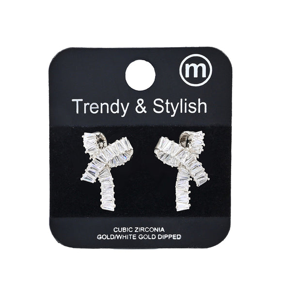WHITE GOLD DIPPED BOW POST EARRINGS CZ STONES ( 5474 RH )