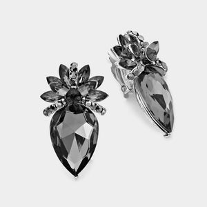 SILVER CLIP ON EARRINGS BLACK DIAMOND STONES ( 8075 BD )