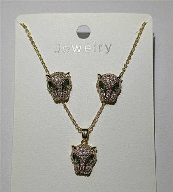 GOLD CAT NECKLACE SET CLEAR GREEN STONES ( 027 2CL )