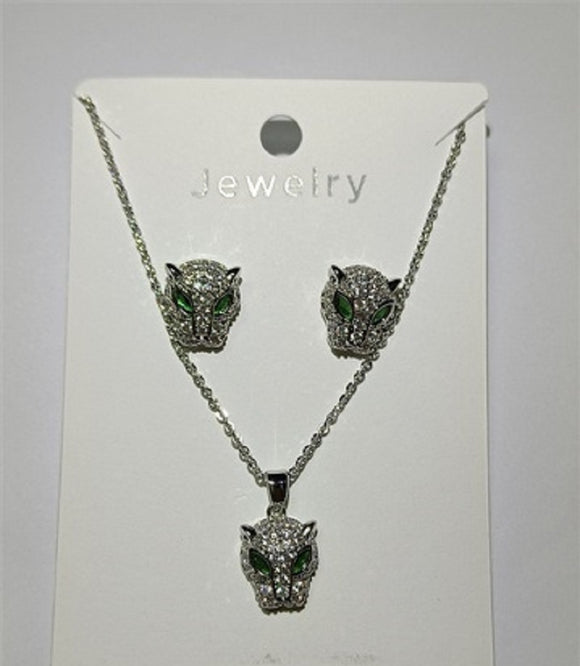 SILVER CAT NECKLACE SET CLEAR GREEN STONES ( 027 3CL )