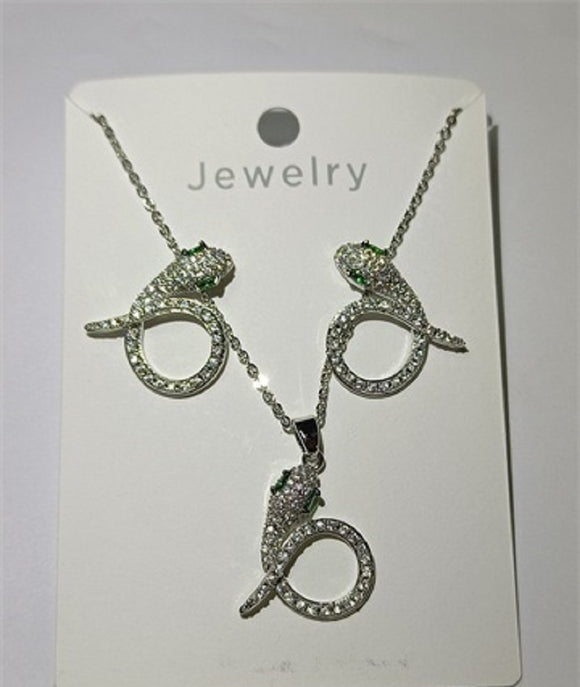 SILVER SNAKE NECKLACE SET CLEAR GREEN STONES ( 028 3CL )