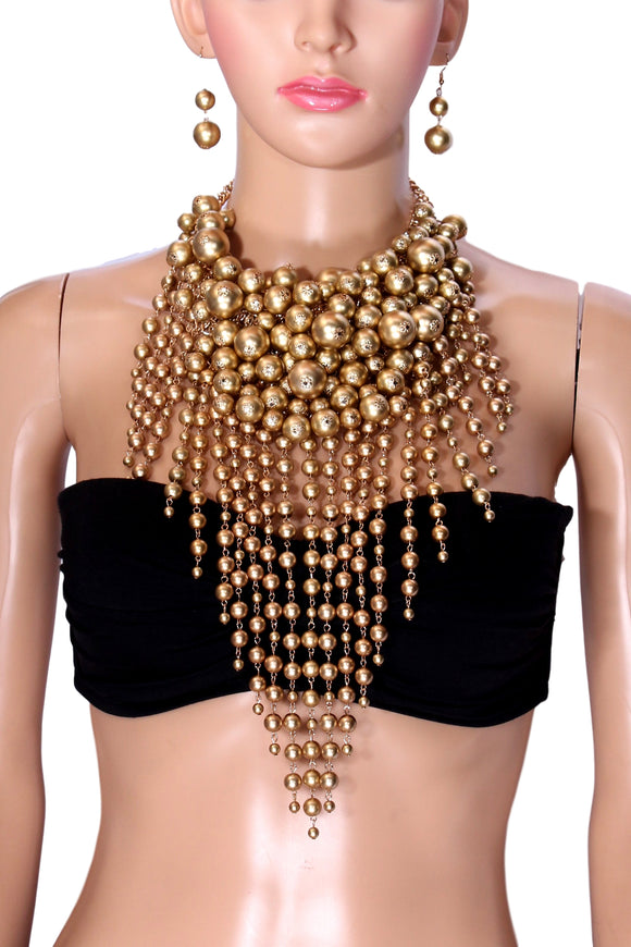 GOLD PEARL WATERFALL NECKLACE SET ( 0851 GPGD )